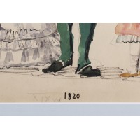 Rodzina w strojach w stylu Biedermeier. Tusz i akwarela na papierze. 1820 r.